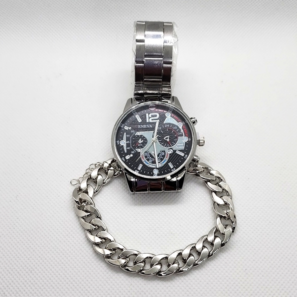 Men's Triple Dial Quartz Silver Tone Watch & Bracelet Set